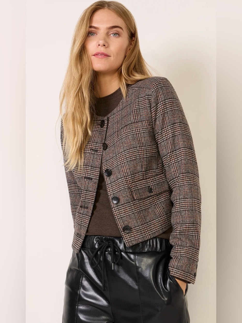 Evereve Ellie Glen Plaid Wool Blend Collarless Cropped Blazer Size Medium NWOT